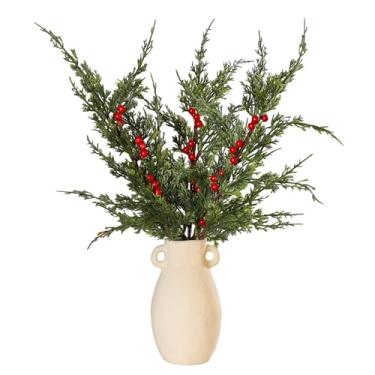 Imagem de Hoteam 6 peças de spray de cedro falso de Natal de 61 cm com hastes de baga vermelha, ramos de pinheiro artificial, folhas de cedro falsas, agulhas de pinheiro, spray de vegetação de azevinho para