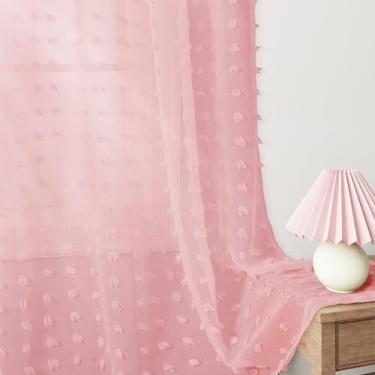 Imagem de Guken Cortinas translúcidas rosa pompom 182 cm de comprimento para quarto de bebê, cortinas transparentes de renda boho com filtro de luz para quarto de crianças, cortinas semitransparentes para