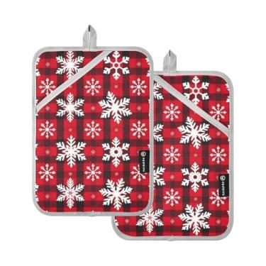 Imagem de Conjunto de 2 suportes de panela vermelhos de flocos de neve de cozinha com bolsos para panelas resistentes ao calor com bolsos para bancada trivet assar, cozinhar, churrasco