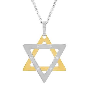 Imagem de Colar masculino com pingente de estrela de Davi em aço inoxidável amarelo em dois tons - 61 cm