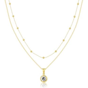 Imagem de Jewanfix Colar em camadas banhado a ouro 14K feminino diamante esmeralda colar de pedra do mês de nascimento colar de ouro delicado colar rosa azul-petróleo cubo zircônia pingente colar joia feminina