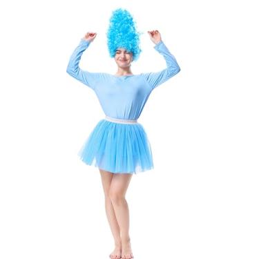 Imagem de 3 peças de fantasia feminina azul claro tutu tule saia de bailarina fofa fada com perucas de colmeia, fantasia de Halloween chique (azul, médio)