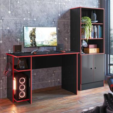 Imagem de Mesa Para Computador 3875 E Armário Gamer 4095 Ambiente Preto Fosco Vermelho - Qmovi