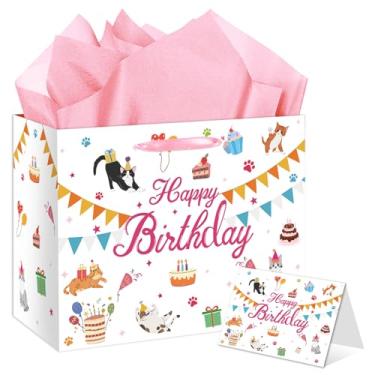 Imagem de HSKMAKE Saco de presente de aniversário de gato branco - Bolsa grande de lembrancinhas de festa de feliz aniversário com cartão e papel de seda, decorações de aniversário temáticas de gato fofo para