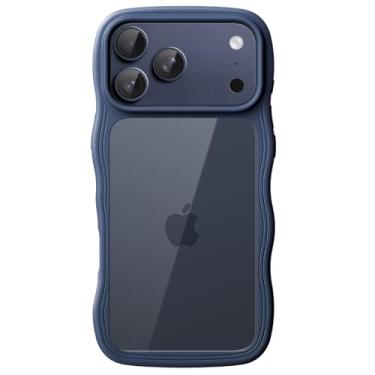Imagem de JETech Capa Ondulada para iPhone 17 Pro 6,3 Polegadas, Case com Moldura Ondulada Fofa e Formato Encaracolado para Mulheres e Meninas, Parte Traseira Claro de PC Rígido (Azul Escuro)