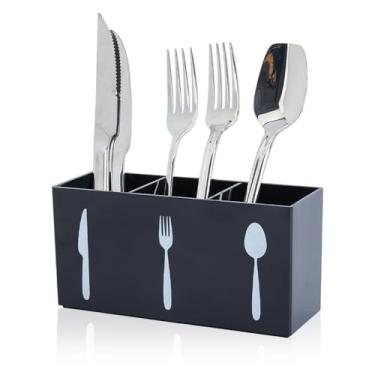 Imagem de DICOSMETIC Suporte de utensílios de plástico com 3 compartimentos, organizador de talheres de cozinha preto, 16,97 x 6,56 x 8,46 cm, garfo e colher, talheres, bancada para talheres e espátula