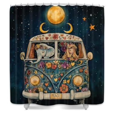 Imagem de DYNH Cortina de chuveiro de ônibus floral vintage, casa de fazenda divertida rústica lua animal elefante menina com flores, azul petróleo à prova d'água, acessórios de banheiro com ganchos, 169 x 170