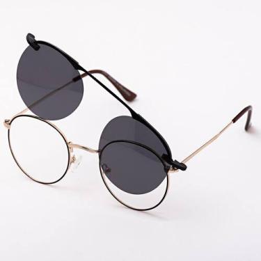 Imagem de Armação Óculos Grau Clipon Sol Feminino Redondo 2 Em 1 Lulu Marrom - P