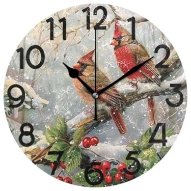 Imagem de Relógio redondo de inverno pássaros cardeais números grandes Ano Novo Decorativo Natal Neve Natal Poinsétia Berry relógios de parede 25 cm operado por bateria quartzo analógico silencioso relógio de