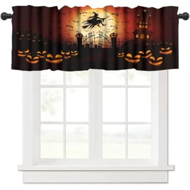 Imagem de TFOSO Cortina de Dia das Bruxas, Castle Haunted House Witch Pumpkin Print Short Drape for Kitchen Living Room Party Window Treatment 1 Painel 137.2 cm L x 45.7 cm C