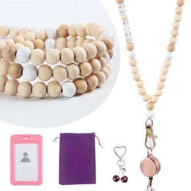 Imagem de Cordão retrátil para professor com suporte de identidade, lindos cordões de contas de ágata de cristal de madeira para crachás de identificação com chaveiro de cereja e bolsa organizadora de veludo