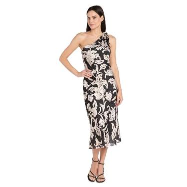 Imagem de R&M Richards Vestido midi feminino de cetim com estampa floral de um ombro único com detalhe de gravata - estilo coquetel e festa à noite, Preto/Bronzeado/Marfim, 40