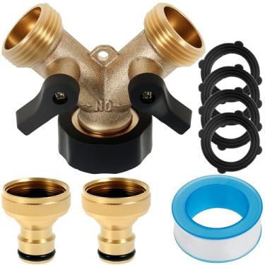 Imagem de Divisor de mangueira de jardim de latão 2 vias Y conector de mangueira de jardim divisor de mangueiras de água à prova de ferrugem com 4 arruelas de borracha extras, 2 conectores e fita para adaptador