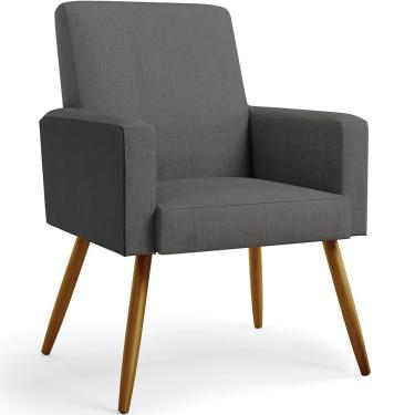 Imagem de Poltrona Decorativa Maria W01 Pés Palito Linho Cinza Escuro Couríssimo Preto - Lyam Decor
