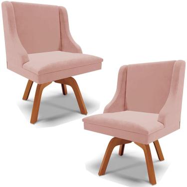 Imagem de Kit 2 Poltronas Decorativas Base Giratória de Madeira Firenze Veludo Rosê/Natural - Gran Belo