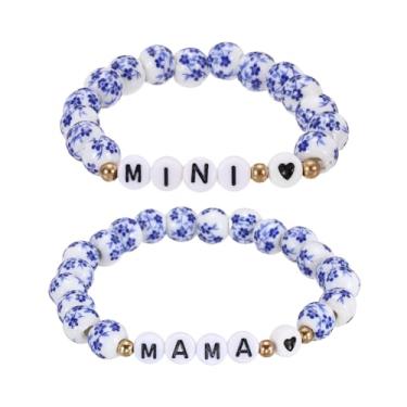 Imagem de PATIKIL Conjunto de pulseiras de contas mãe e filha, 2 peças MAMA e MINI com elos de coração combinando pulseira de porcelana azul e branca feita à mão com cordão elástico com bolsa para presente de