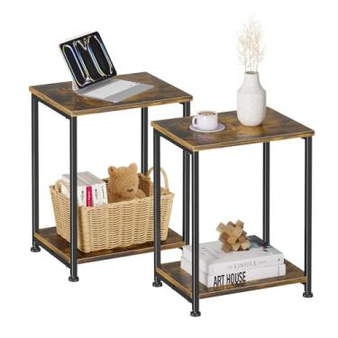Imagem de Simple Trending Mesa de extremidade, mesa lateral, mesa de sofá de sofá mesa de cabeceira com prateleira de armazenamento de 2 camadas para espaços pequenos, marrom rústico