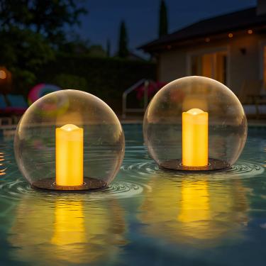 Imagem de uuffoo Pacote com 2 luzes solares flutuantes para piscina, bola alimentada por energia solar que flutua com velas cintilantes, luzes de chamas ao ar livre, resistente à água, IP66, para decoração de