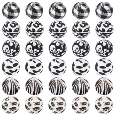 Imagem de SUNNYCLUE 1 caixa, 48 peças, 6 estilos, contas de silicone estampadas em preto e branco, granel de 15 mm, grade focal, listra de pata, caveira, espaçador solto para fazer joias, pulseira, chaveiro
