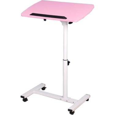 Imagem de YXQ Mesa de pé rosa com ângulo ajustável e altura para laptop com rodas pequeno carrinho de computador sobre a cama, mesa móvel para laptop para escritório em casa