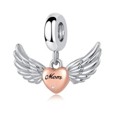 Imagem de LuxglitterLin Pingente de coração com asas de anjo e coração gravado para mãe compatível com pulseira Pandora feminina