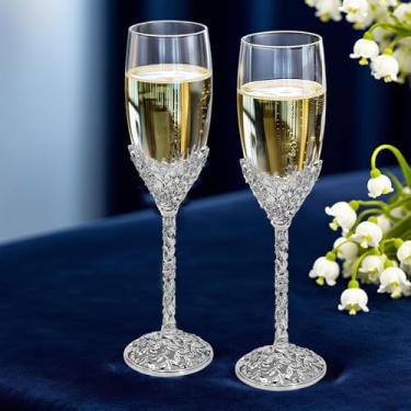 Imagem de Jozen Gift Taças de champanhe prateadas - Base de metal de vidro cristal com pedras de cristal, conjunto de 2 pares de flautas para brindes, festa de aniversário de casamento, banquetes de aniversário
