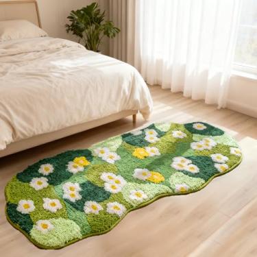 Imagem de YBDDM Tapete de banho floral musgo, tapete antiderrapante macio absorvente, tapete lavável descolado, tapete de musgo verde estético tufado para quarto, dormitório, berçário, banheiro, cozinha