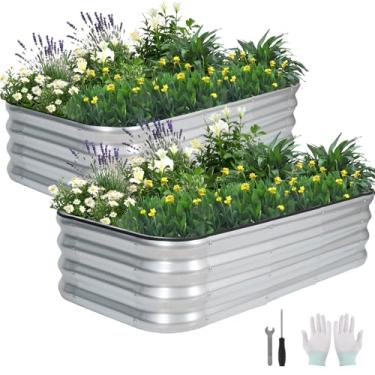 Imagem de BIRDSINYARD Canteiro de jardim elevado galvanizado 3 em 1 - 1,2 x 0,6 x 0,3 m (2 pacotes) caixa modular para uso externo | Kit de cama elevada de metal com hastes de suporte para jardinagem, legumes