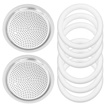 Imagem de Peças de reposição para Moka Pot Bialetti 3/4 xícara de gaxeta de café com 2 placas de filtro de aço inoxidável e 6 vedações de silicone - compatível com Moka Express, Fiammetta, Break, Happy, Dama