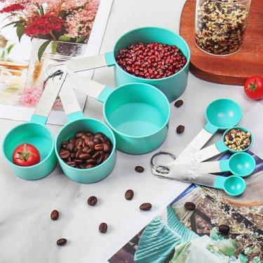 Imagem de Copos e copos de medição com alça de aço inoxidável, utensílios de cozinha para cozinhar e assar 1/2 e 1 colher de chá, 1/2 e 1 colher de sopa, 1/4 e 1/3 e 1/2 e 1 xícara de tamanhos - verde