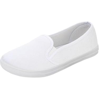 Imagem de Tênis feminino clássico de lona, cano baixo, sem cadarço, confortável, respirável, leve, sem cadarço, Branco, 35 BR
