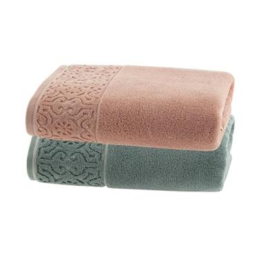 Imagem de Jogo de Toalhas Ele/Ela Super Soft Arabesco Zero Twist 2Pçs – Banhão 80x150cm 500g/m² – Toque Macio, Alta Absorção e Design Sofisticado – Altihaus (Rosa/Verde)