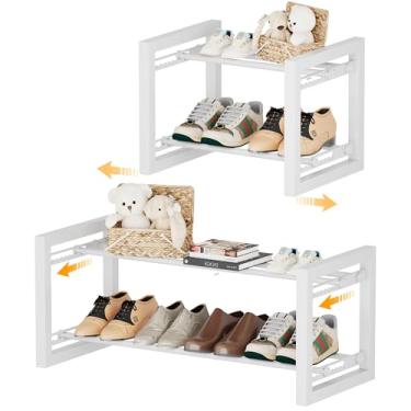 Imagem de Homeiju Sapateira expansível, prateleira de metal de 2 níveis, suporte ajustável para tênis, botas, saltos, organizador de sapatos de aço resistente para entrada, armário, quarto, branco