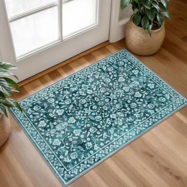 Imagem de SILOLOOM Tapete de entrada vintage interno, tapete lavável azul-petróleo escuro 5 x 7 cm, tapete de área pequena com suporte antiderrapante, estampa floral, tapete de porta fino de lã sintética super