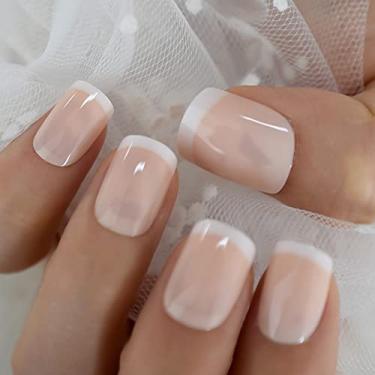 Imagem de Bege French Press on Nails White Tip Squoval False Nails Short Medium Size Ladies Artificial Manicure Dicas para Uso Diário