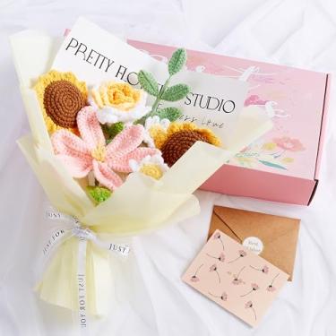 Imagem de LAIDANLA Buquê de flores de crochê amarelo crochê girassol margarida tulipa buquê de rosas presentes para mulheres presentes de aniversário de formatura aniversário crochê flores buquês para decoração