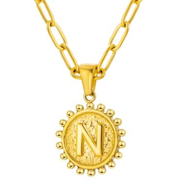 Imagem de Colar com inicial para mulheres, colar com pingente de letra, corrente de clipe de papel, joia de monograma, moeda do alfabeto, pronto em camadas, 14+2in, Aço inoxidável, Sem Pedra Preciosa