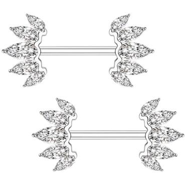 Imagem de TRBR Piercing de mamilo de pétalas de flor 14G, anéis de mamilo de ouro/prata, aço cirúrgico para mulheres e homens, anéis de barra de proteção de mamilo de pedra cúbica, calibre 14 A par, 14G-14mm