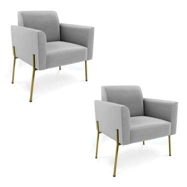 Imagem de Poltrona Pé De Ferro Dourado Decorativa Kit 2 Marisa Suede Cinza D03