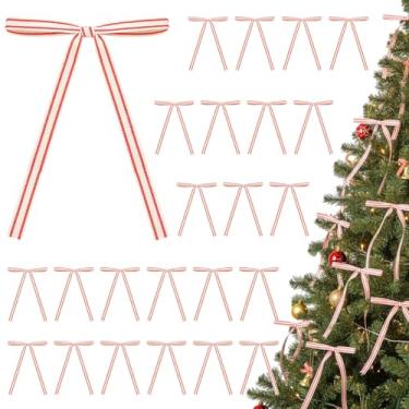 Imagem de Riceshoot 24 peças de laços listrados de algodão de Natal 12,6 x 17,8 cm vintage rústico pré-amarrado com laços de arame para decoração de lareira de árvore de Natal, decoração interna e externa