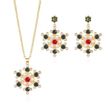 Imagem de Conjunto de 2 peças de joias de cristal floco de neve de Natal, brincos pendentes de Natal, colar com pingente para mulheres dourado elegante vermelho verde strass amuletos elos gargantilha corrente