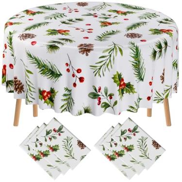Imagem de Oudain Pacote com 6 toalhas de mesa de Natal com 213 cm, toalha de mesa decorativa redonda de azevinho, toalha de mesa de plástico descartável para festa de Natal, Natal, jantar em casa