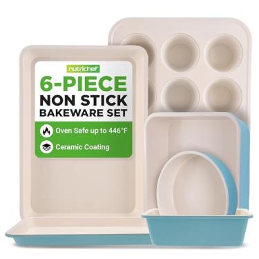Imagem de Nutrichef Conjunto de 6 peças de assadeiras de forno de cozinha antiaderentes, formas verdes atraentes e brancas por dentro, utensílios de cozinha de qualidade para cozinhar e assar bolos