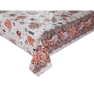 Imagem de Toalha de Mesa de Plástica Forro de mesa cristal estampada e impermeável, para mesas 4,6,8 cadeiras(Café com Rosas,10 cadeiras 3,20x1,40)