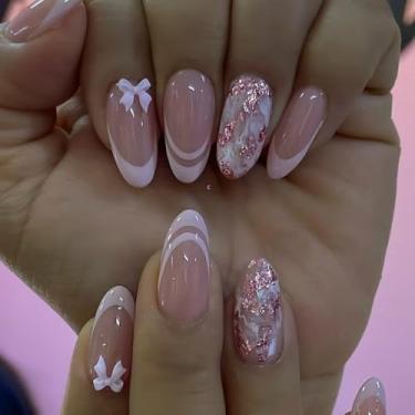 Imagem de Unhas de pressão curtas médias de amêndoa francesa, cola falsa, com design de laço simples, glitter, cobertura completa, bastão falso artificial em unhas de acrílico para mulheres, 24 peças