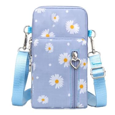 Imagem de JANKS Bolsa tiracolo pequena para mulheres - Mini bolsas de telefone com alça transversal e carteira - Bolsa de braço de nylon, B crisântemo azul-claro, Bolsa de mão