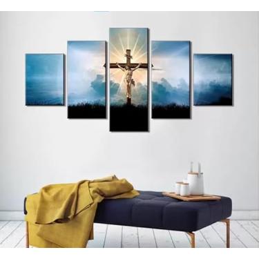 Imagem de Kit quadro decorativo 5 peças 95x60cm jesus cristo cruz do calvario