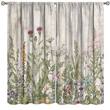 Imagem de Cortinas de flores, flores silvestres retrô rústicas, ervas, plantas, painéis de madeira, tema de casa de fazenda, cortinas blackout para quarto, sala de estar, 2 conjuntos de painéis, 182 x 163 cm