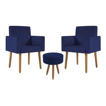 Imagem de Kit 2 Poltronas Decorativa Sala Nina Com Puff Balaqui Decor Azul Marinho
