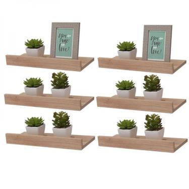 Imagem de Kit 6 Prateleiras Porta Quadros 60 X 10cm Carvalho Suporte Invisível